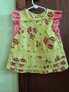 Matilda Jane Lime Green Top with Pink Floral & Polka-Dot Ruffle Sleeves
